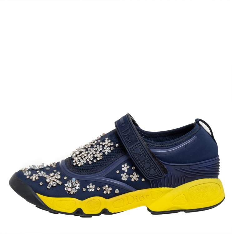 Pre Owned Dior Blue/Yellow Rubber And Fabric Fusion  Sneaker Size 37.5