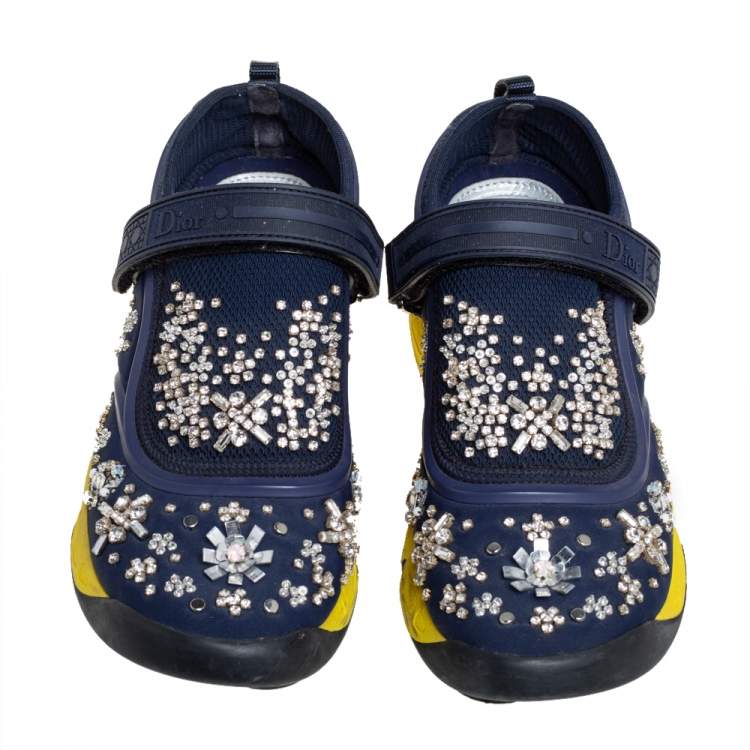 Pre Owned Dior Blue/Yellow Rubber And Fabric Fusion  Sneaker Size 37.5