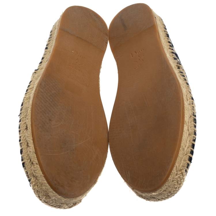 Pre Owned Dior Dark Blue/Beige Oblique Embroidered Cotton Fabric Granville Espadrille Flats Size 38