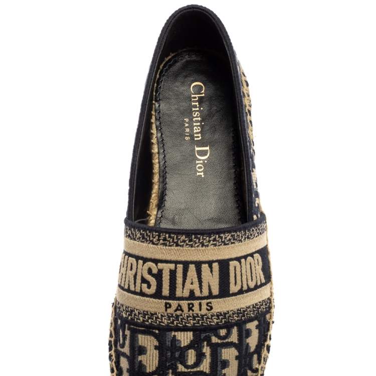 Pre Owned Dior Dark Blue/Beige Oblique Embroidered Cotton Fabric Granville Espadrille Flats Size 38