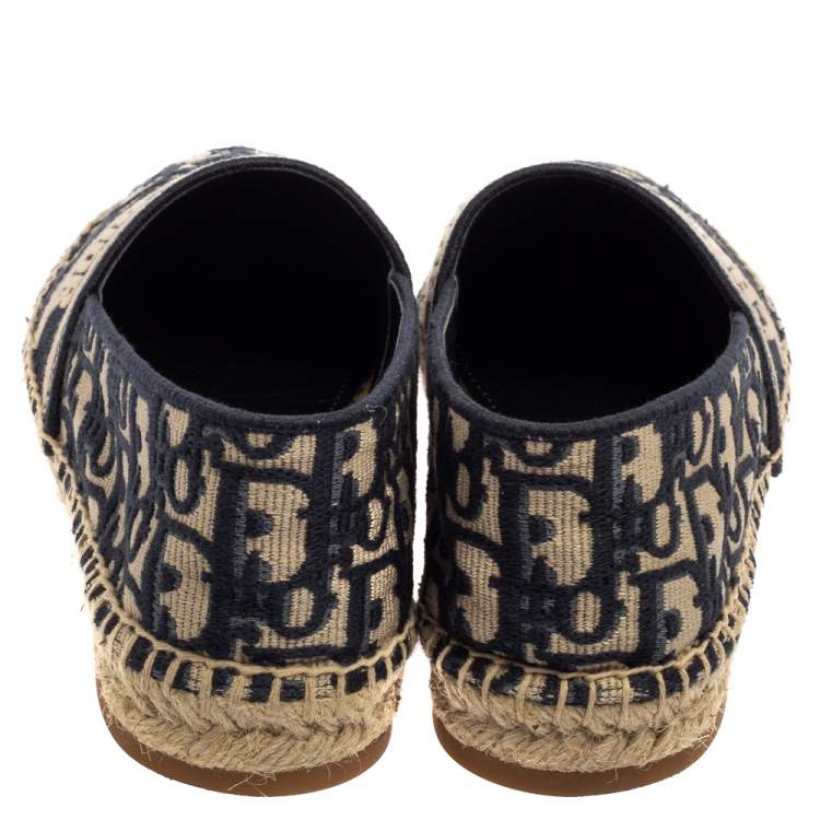 Pre Owned Dior Dark Blue/Beige Oblique Embroidered Cotton Fabric Granville Espadrille Flats Size 38