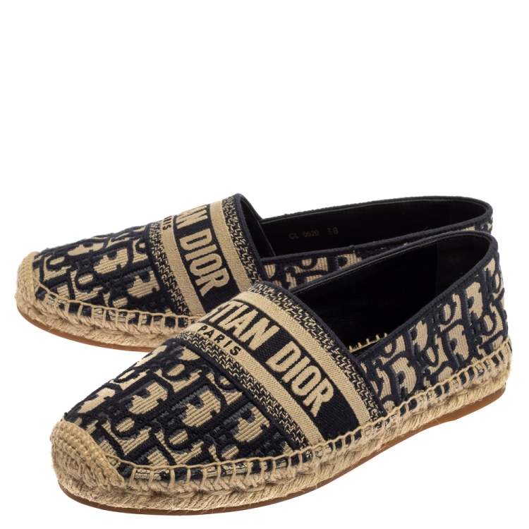 Pre Owned Dior Dark Blue/Beige Oblique Embroidered Cotton Fabric Granville Espadrille Flats Size 38