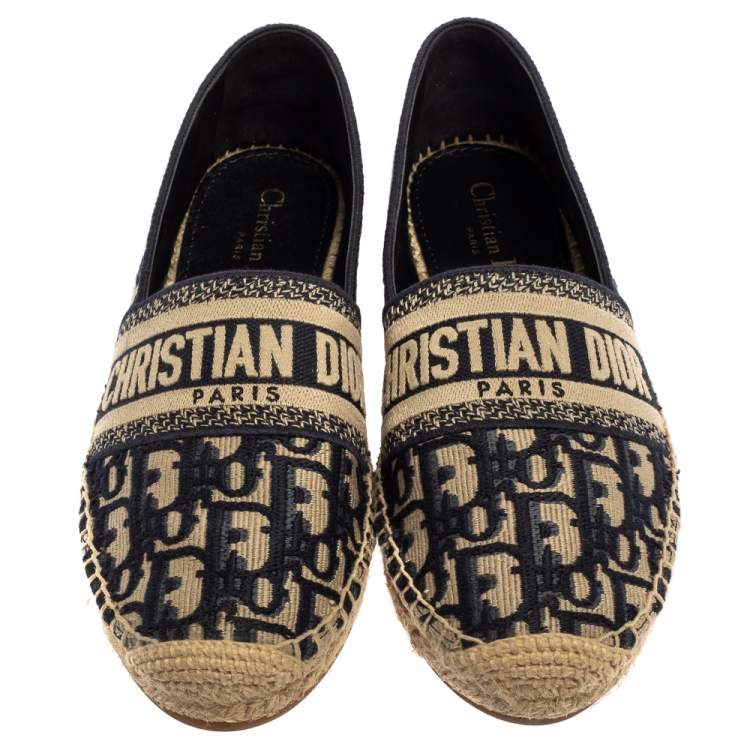Pre Owned Dior Dark Blue/Beige Oblique Embroidered Cotton Fabric Granville Espadrille Flats Size 38