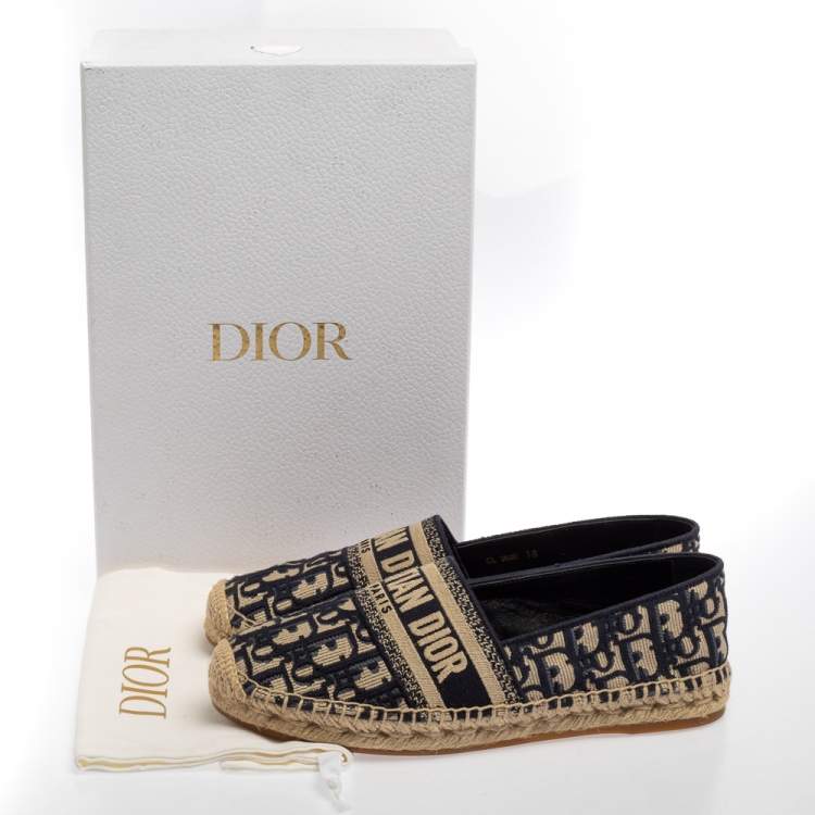 Pre Owned Dior Dark Blue/Beige Oblique Embroidered Cotton Fabric Granville Espadrille Flats Size 38