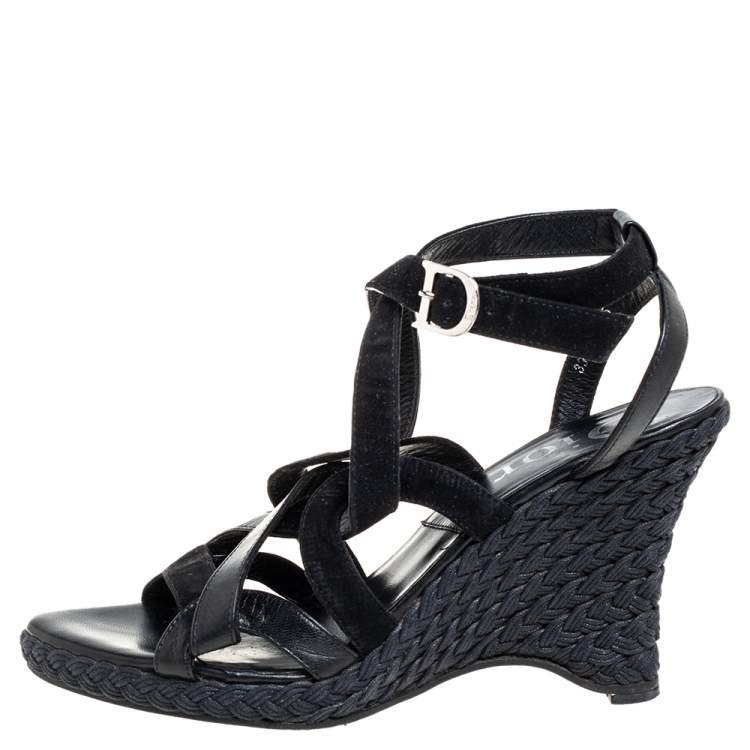 Pre Owned Dior Black Suede And Leather Wedge Ankle Strap Sandals Size 39