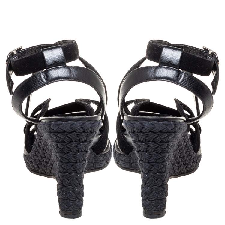 Pre Owned Dior Black Suede And Leather Wedge Ankle Strap Sandals Size 39