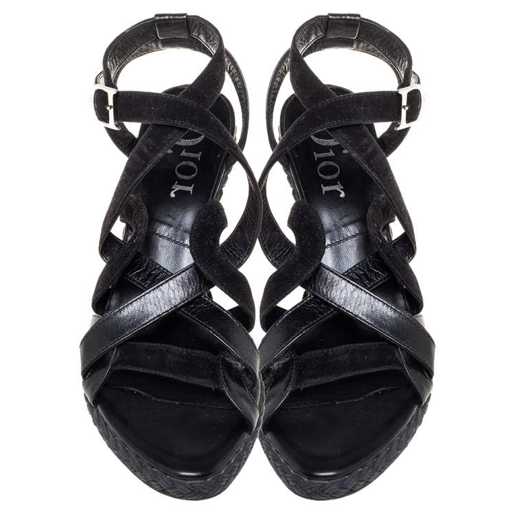 Pre Owned Dior Black Suede And Leather Wedge Ankle Strap Sandals Size 39