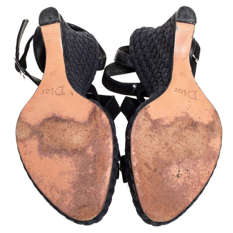 Pre Owned Dior Black Suede And Leather Wedge Ankle Strap Sandals Size 39