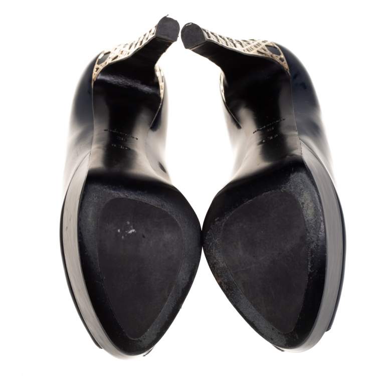 Pre Owned Dior Navy Blue Patent Leather Metal Cannage Heel Peep Toe Platform Pumps Size 38