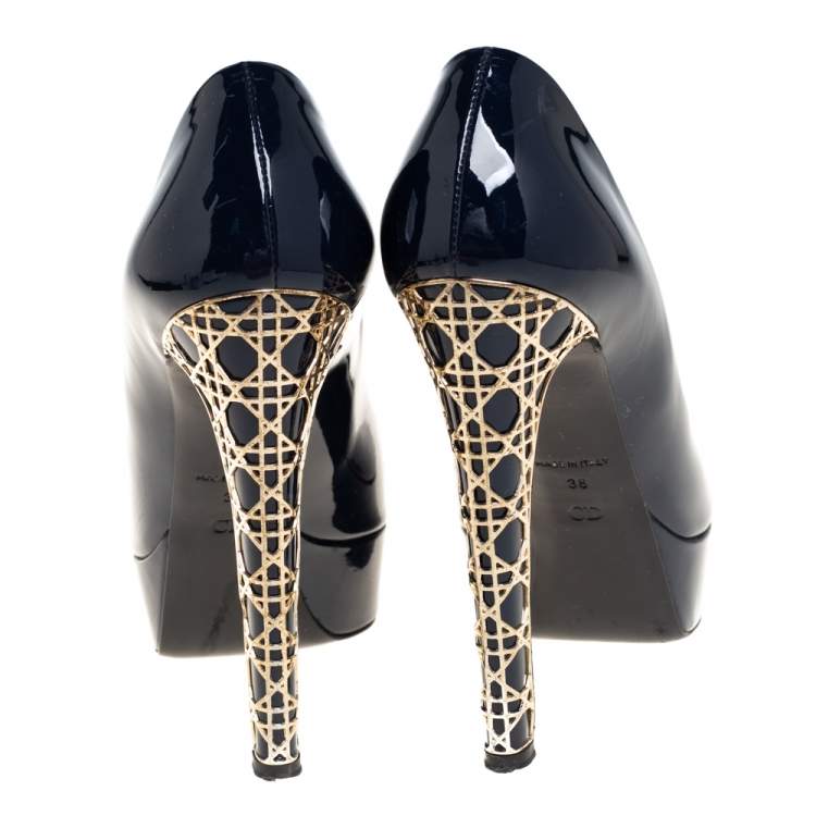Pre Owned Dior Navy Blue Patent Leather Metal Cannage Heel Peep Toe Platform Pumps Size 38