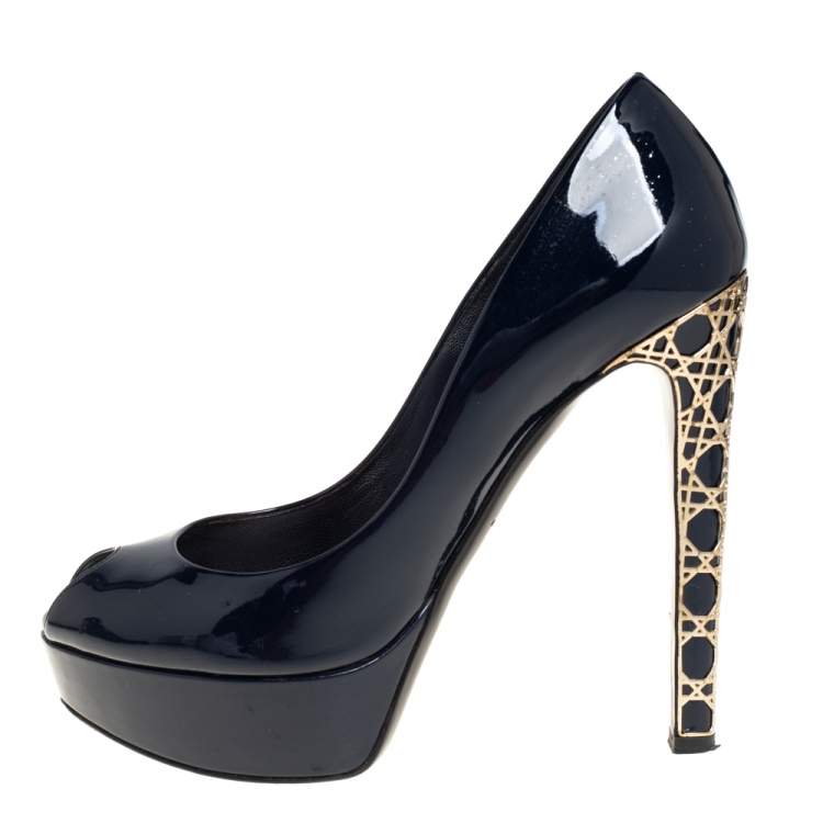 Pre Owned Dior Navy Blue Patent Leather Metal Cannage Heel Peep Toe Platform Pumps Size 38
