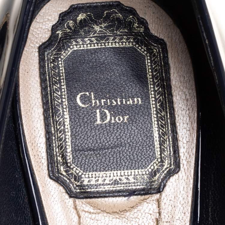 Pre Owned Dior Navy Blue Patent Leather Metal Cannage Heel Peep Toe Platform Pumps Size 38