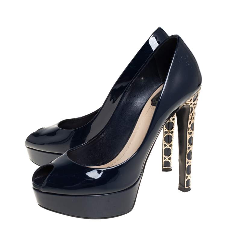 Pre Owned Dior Navy Blue Patent Leather Metal Cannage Heel Peep Toe Platform Pumps Size 38