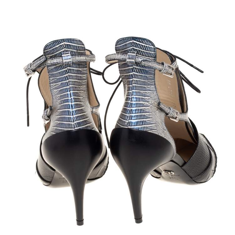 Pre Owned Dior Tricolor Lizard Embossed And Croc Embossed Leather Nomade Cut Out Lace Up Boots Size 37.5