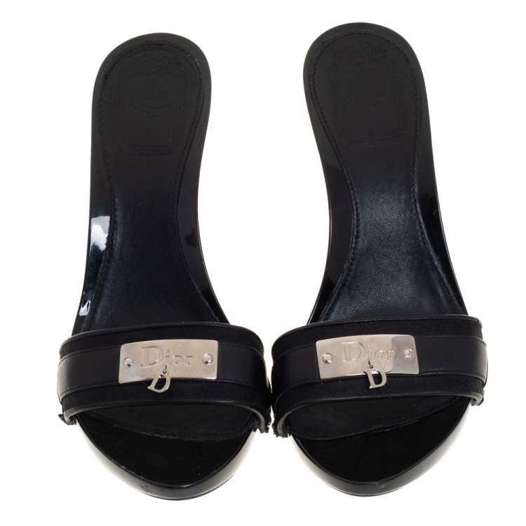 Pre Owned Dior Black Leather And Canvas Logo Mules Size 36