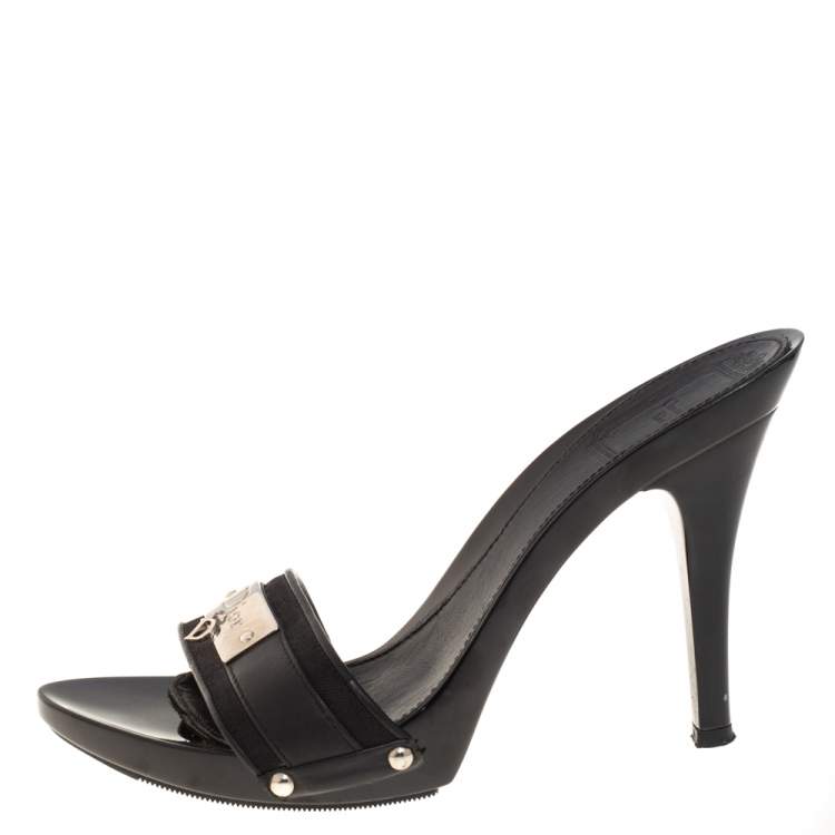 Pre Owned Dior Black Leather And Canvas Logo Mules Size 36