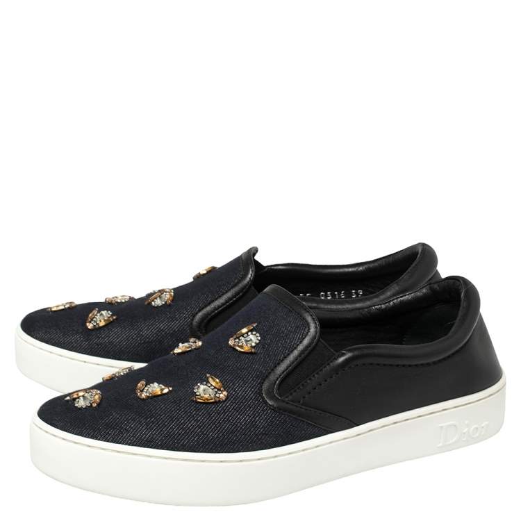 Pre Owned Dior Blue Denim And Leather Embellished Slip On Sneakers Size 39
