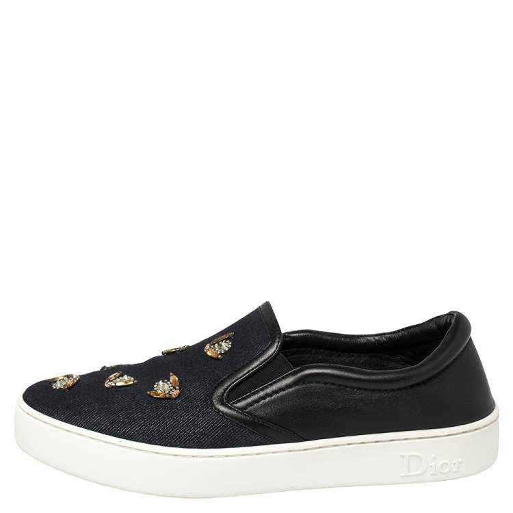 Pre Owned Dior Blue Denim And Leather Embellished Slip On Sneakers Size 39