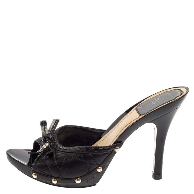 Pre Owned Dior Black Leather And Patent Leather Bow Detail Peep Toe Sandals Size 36
