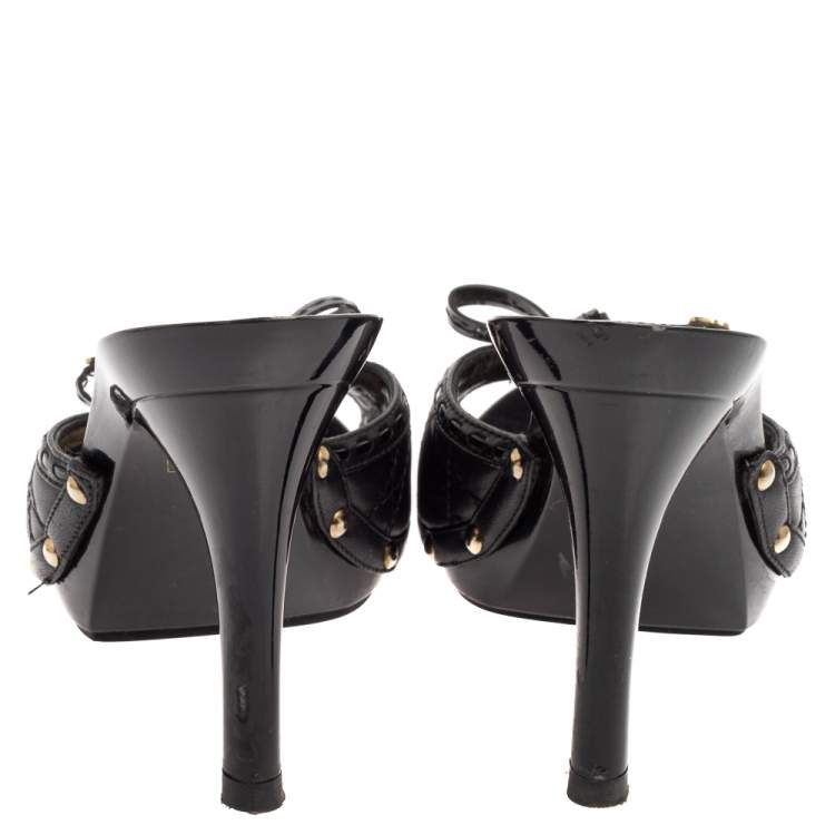 Pre Owned Dior Black Leather And Patent Leather Bow Detail Peep Toe Sandals Size 36