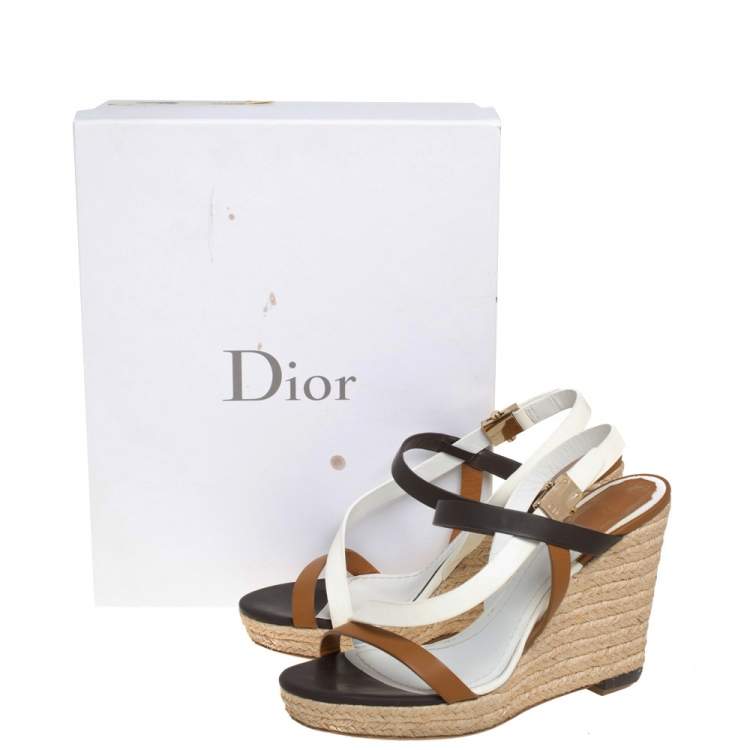 Pre Owned Dior Tri Color Leather Wedge Ankle Strap Espadrille Sandals Size 39 