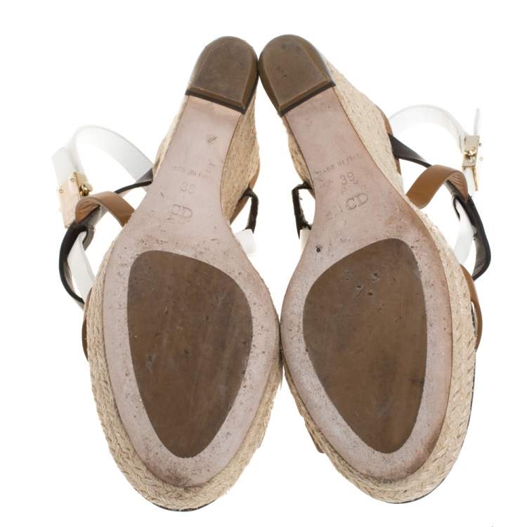 Pre Owned Dior Tri Color Leather Wedge Ankle Strap Espadrille Sandals Size 39 