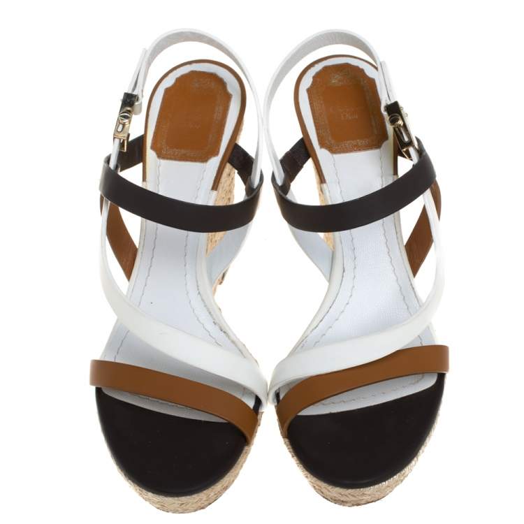 Pre Owned Dior Tri Color Leather Wedge Ankle Strap Espadrille Sandals Size 39 