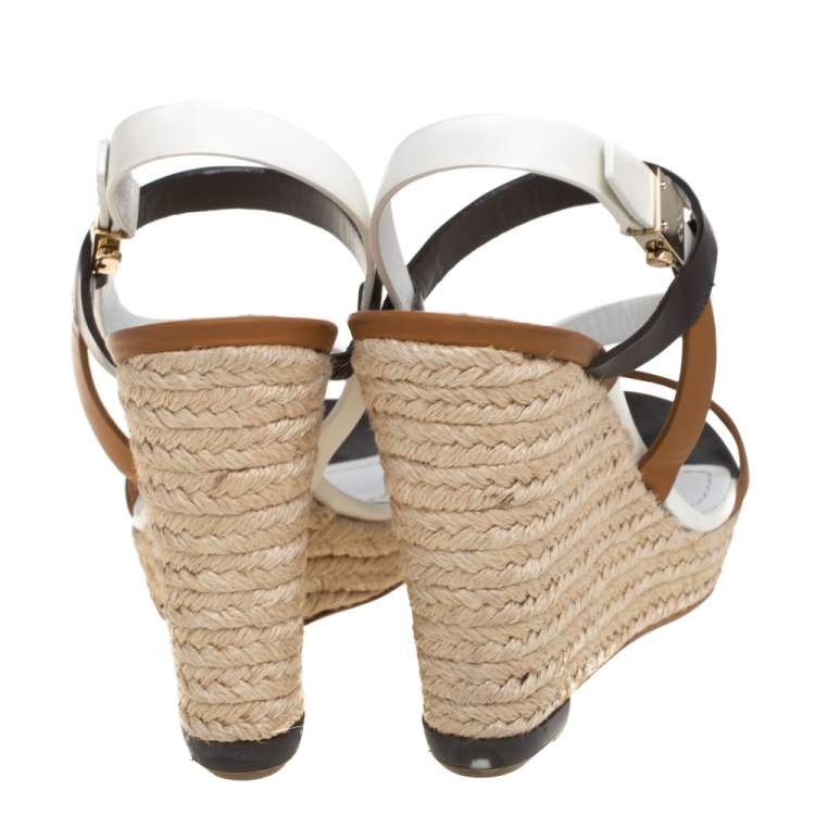 Pre Owned Dior Tri Color Leather Wedge Ankle Strap Espadrille Sandals Size 39 