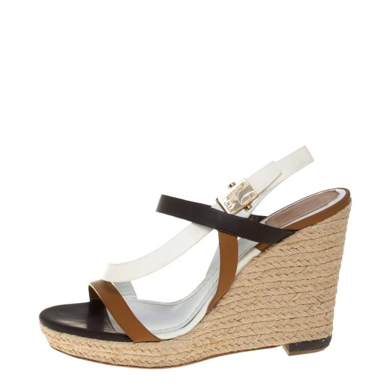 Pre Owned Dior Tri Color Leather Wedge Ankle Strap Espadrille Sandals Size 39 