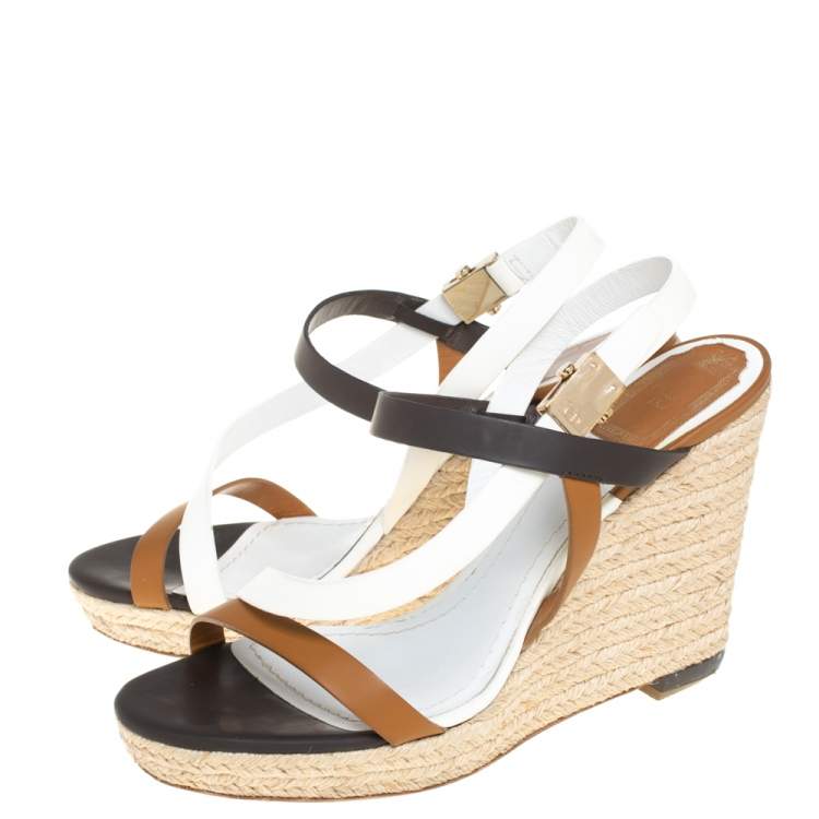 Pre Owned Dior Tri Color Leather Wedge Ankle Strap Espadrille Sandals Size 39 