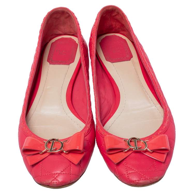 Pre Owned Dior Pink Cannage Leather Bow Flat Ballet Flats Size 39.5