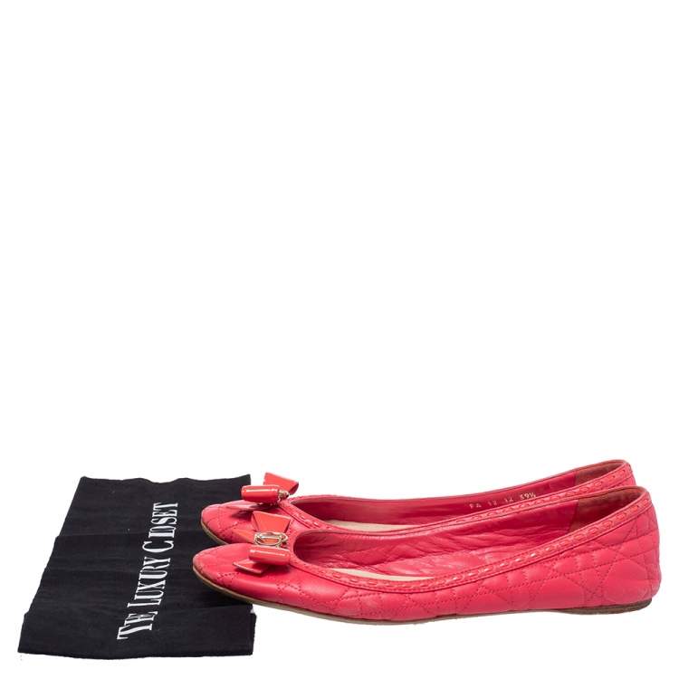 Pre Owned Dior Pink Cannage Leather Bow Flat Ballet Flats Size 39.5
