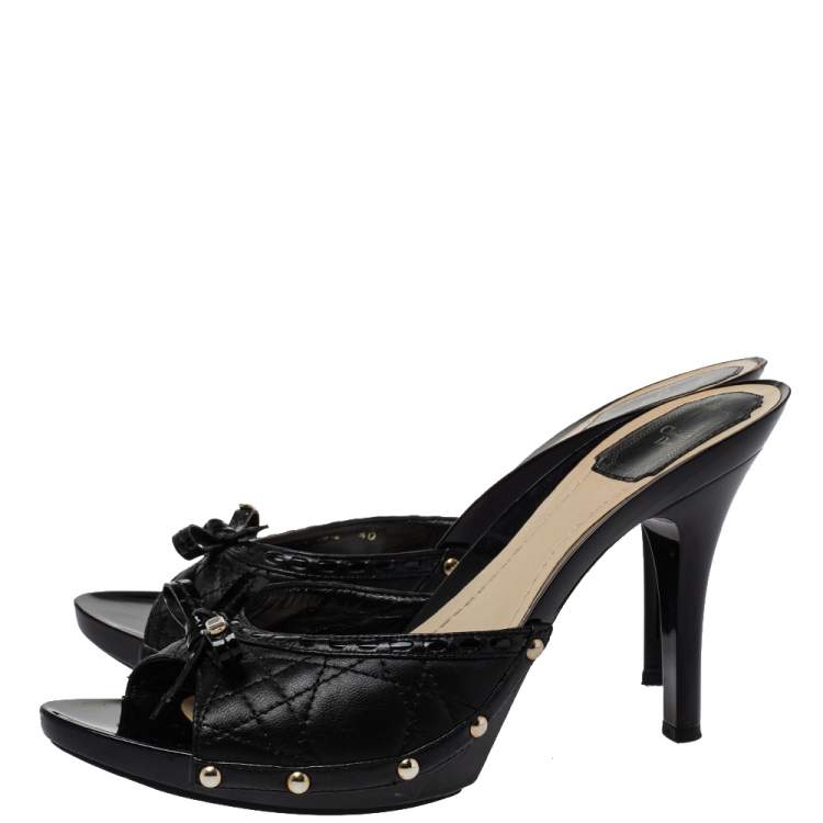 Pre Owned Dior Black Cannage Leather Bow Open Toe Slide Sandals Size 40