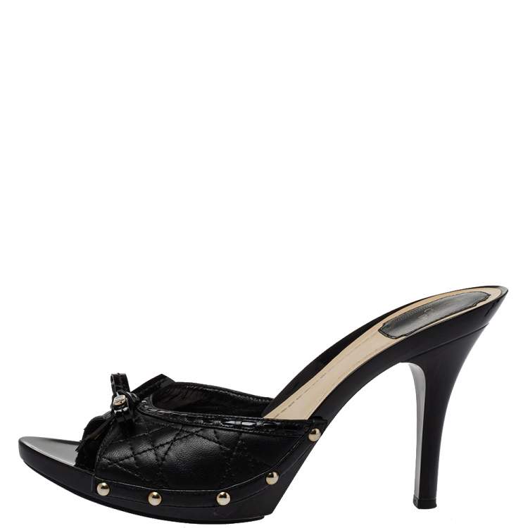 Pre Owned Dior Black Cannage Leather Bow Open Toe Slide Sandals Size 40