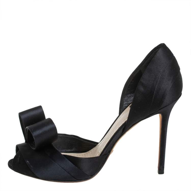 Pre Owned Dior Black Satin Peep Toe Bow D'Orsay Pumps Size 36.5