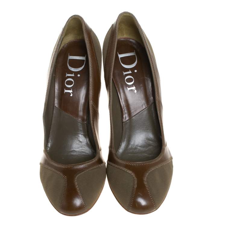 Pre Owned Dior Green Mesh And Leather Stitch Detail Pumps Size 38.5