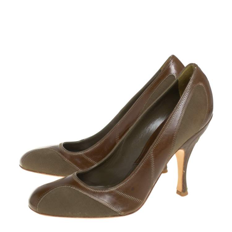 Pre Owned Dior Green Mesh And Leather Stitch Detail Pumps Size 38.5