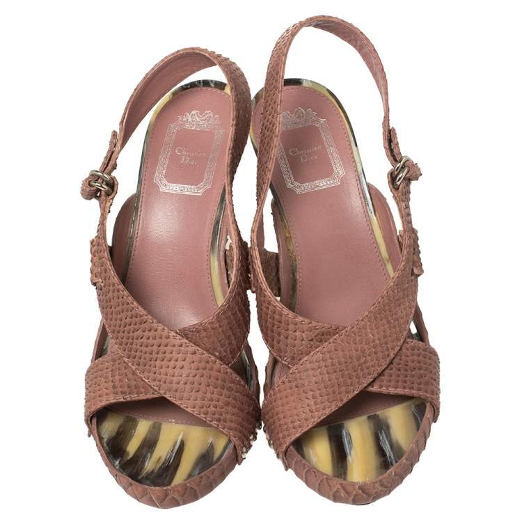 Pre Owned Dior Mauve Pink Python Cross Strap Slingback Platform Sandals Size 39.5