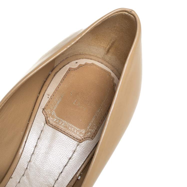 Pre Owned Dior Beige Patent Leather Peep Toe Cannage Heel Pumps Size 36.5