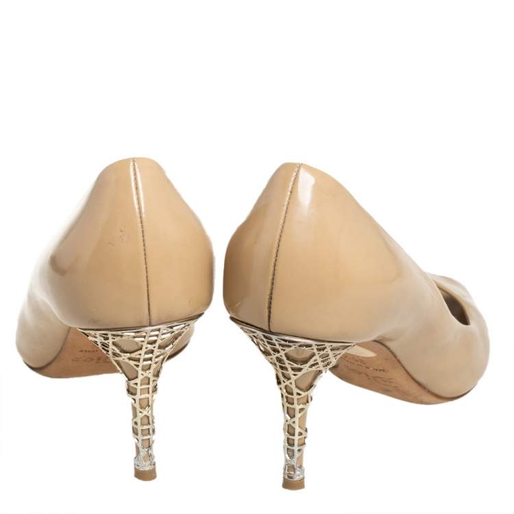 Pre Owned Dior Beige Patent Leather Peep Toe Cannage Heel Pumps Size 36.5