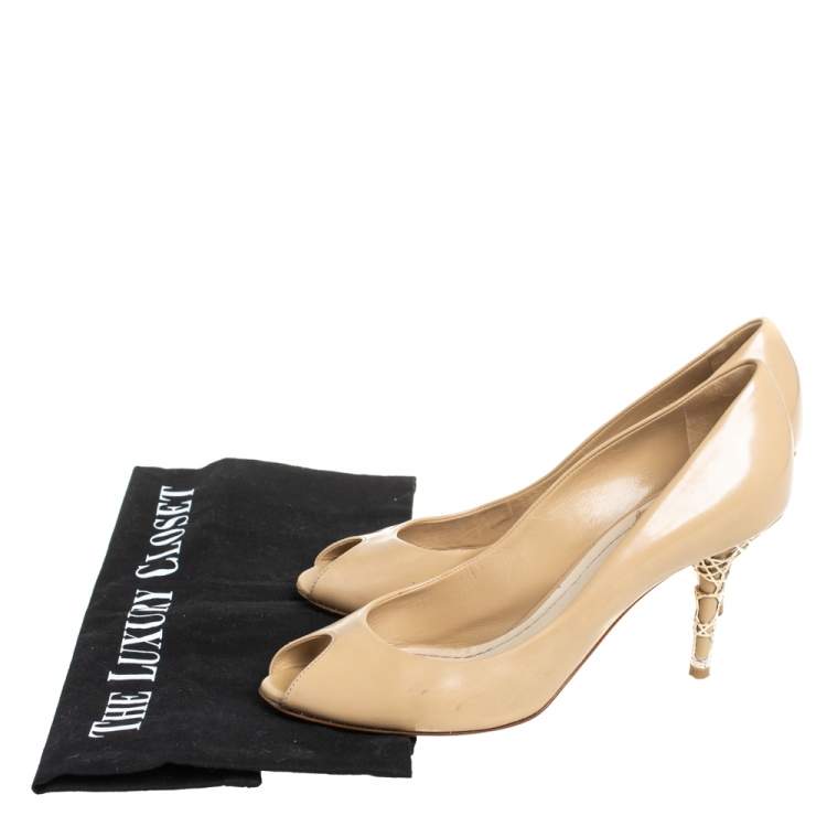 Pre Owned Dior Beige Patent Leather Peep Toe Cannage Heel Pumps Size 36.5