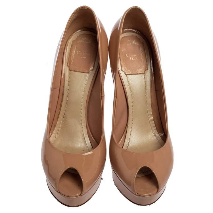 Pre Owned Christian Dior Beige Patent Leather Peep Toe Platform Pumps Size 38