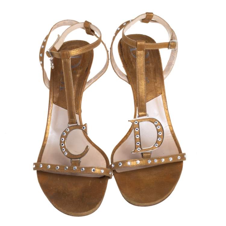 Pre Owned Dior Metallic Gold Leather Crystal Embellished T-strap Sandals Size 39.5