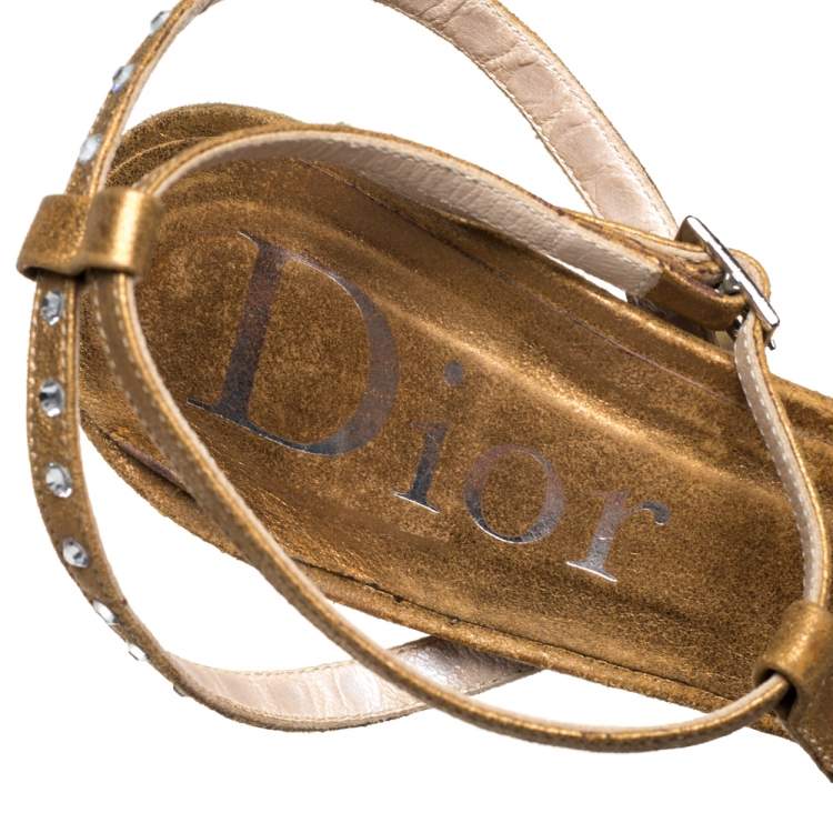 Pre Owned Dior Metallic Gold Leather Crystal Embellished T-strap Sandals Size 39.5