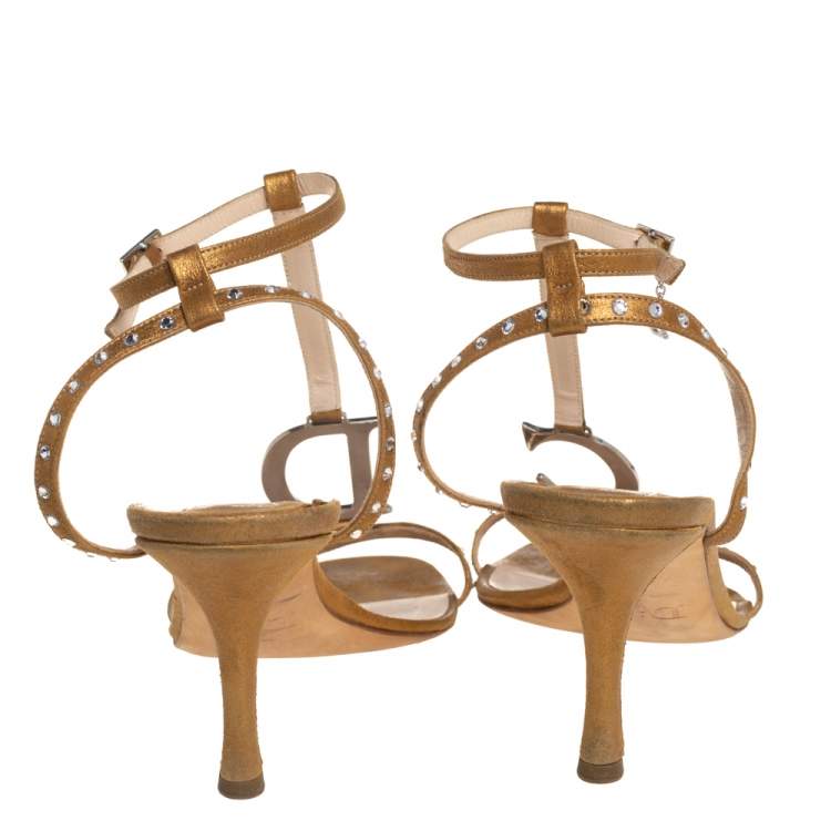 Pre Owned Dior Metallic Gold Leather Crystal Embellished T-strap Sandals Size 39.5