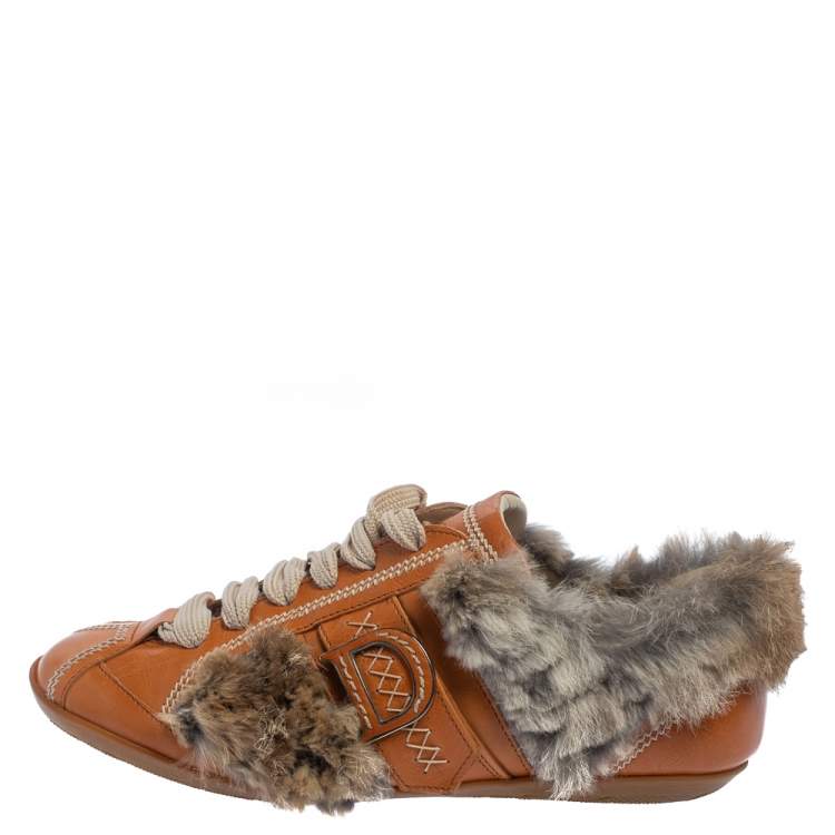Pre Owned Dior Tan Fur And Leather Low Top Sneakers Size 38.5