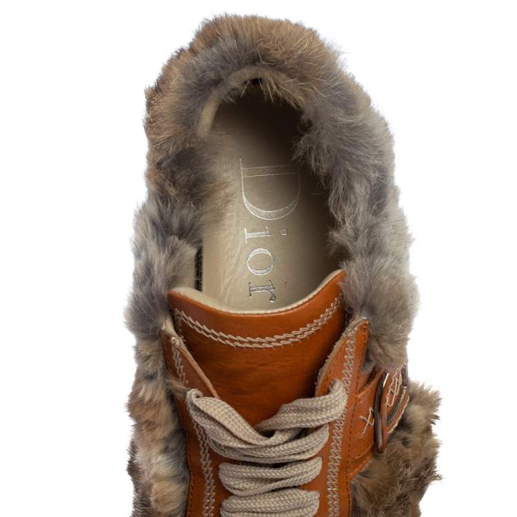 Pre Owned Dior Tan Fur And Leather Low Top Sneakers Size 38.5