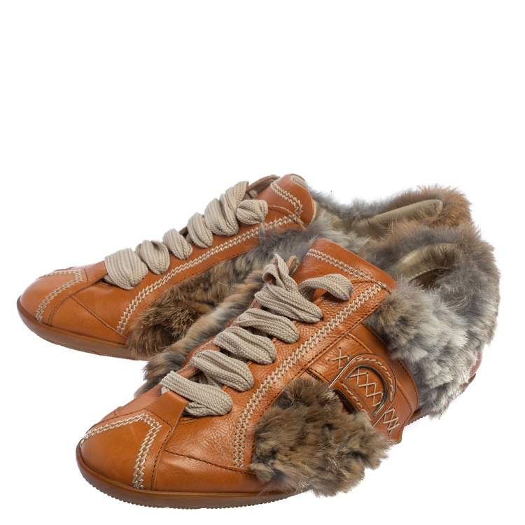 Pre Owned Dior Tan Fur And Leather Low Top Sneakers Size 38.5