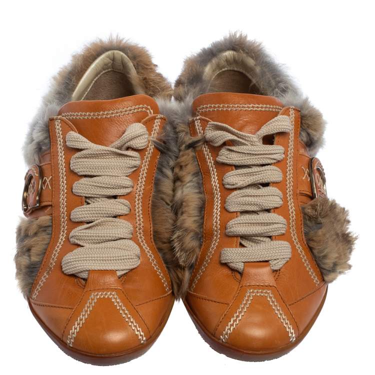 Pre Owned Dior Tan Fur And Leather Low Top Sneakers Size 38.5