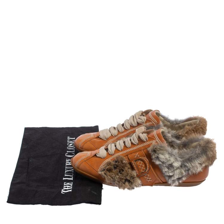 Pre Owned Dior Tan Fur And Leather Low Top Sneakers Size 38.5
